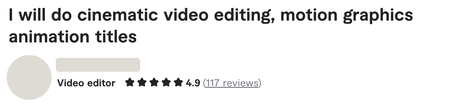 Fiverr gig listing for cinematic video editing, rated 4.9 across 117 reviews
