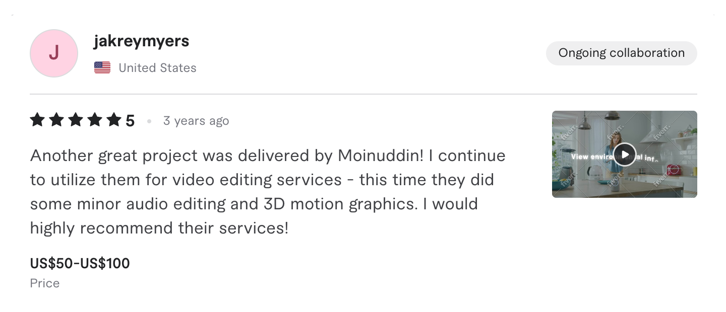 Fiverr review, five stars, United States: a client names Moinuddin and cites audio editing and 3D motion graphics