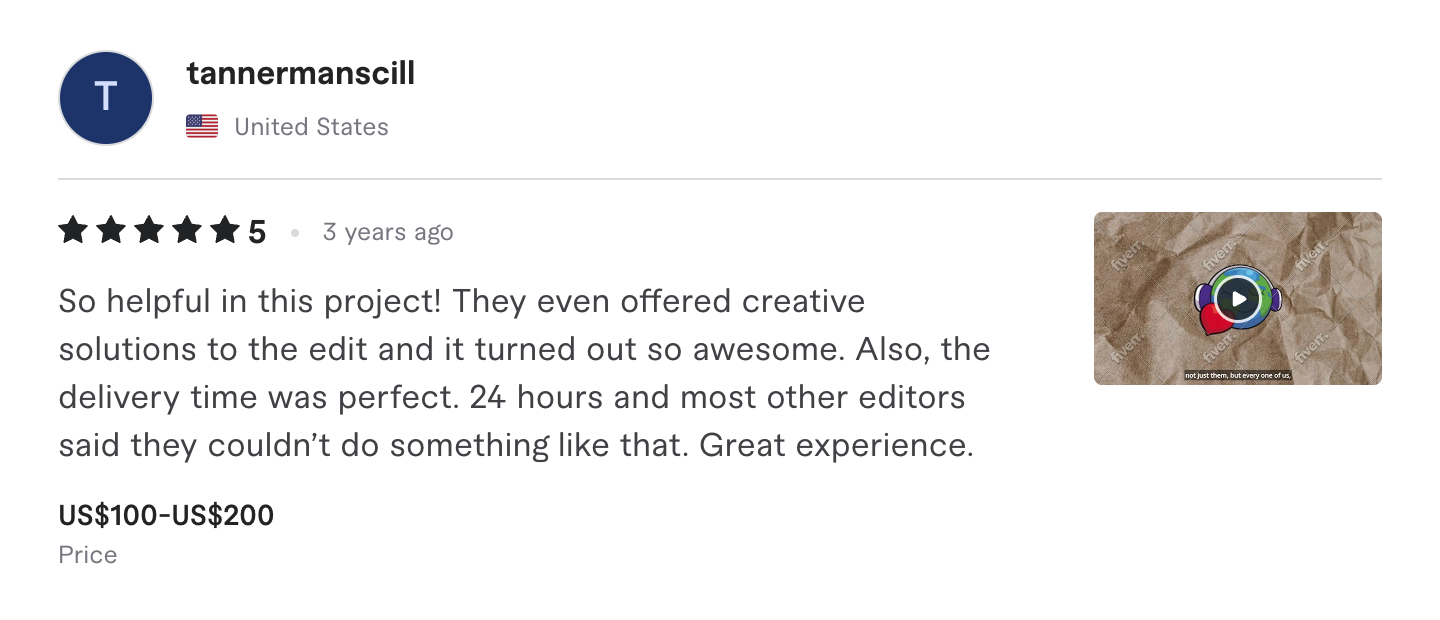 Fiverr review, five stars, United States: praises creative solutions and a 24-hour turnaround other editors declined