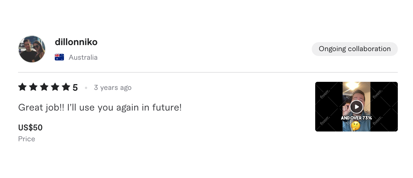 Fiverr review, five stars, Australia: repeat client says they will use the service again