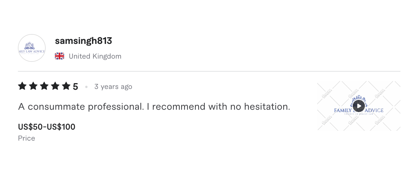 Fiverr review, five stars, United Kingdom: calls the seller a consummate professional