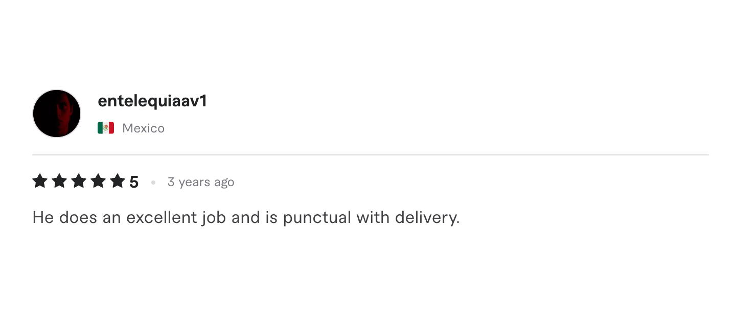 Fiverr review, five stars, Mexico: praises excellent work and punctual delivery