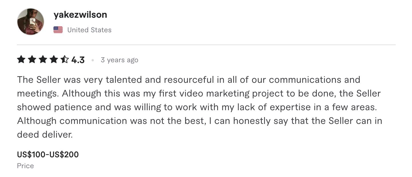 Fiverr review, 4.3 stars, United States: notes talent and resourcefulness alongside criticism of communication