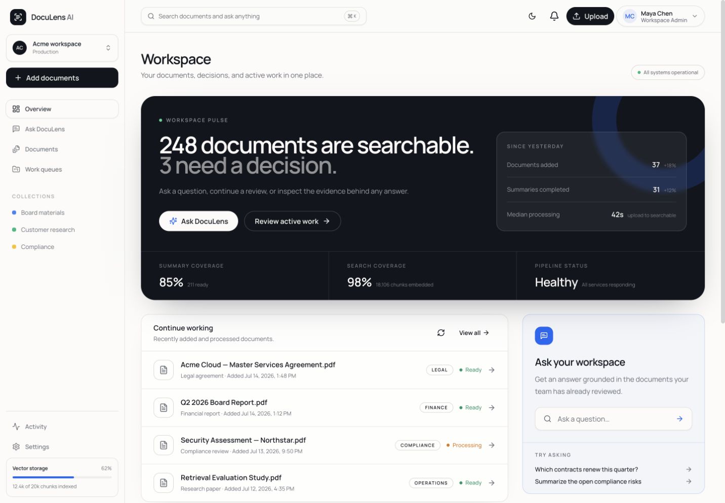 DocuLens AI workspace showing document intelligence workflows